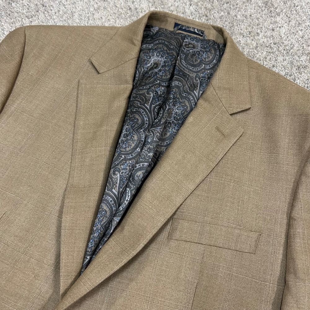 Ralph‎ Lauren Sport Coat Blazer 46L Tan Silk Wool Windowpane Two Button